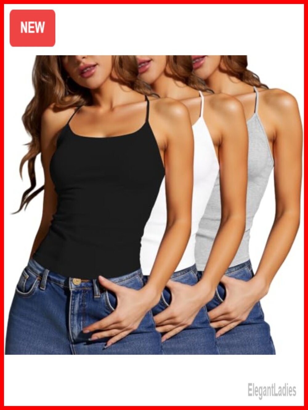 Women's 3-Pack Camisole Scoop Neck Adjustable Spaghetti Strap Slim Fit Tank Top